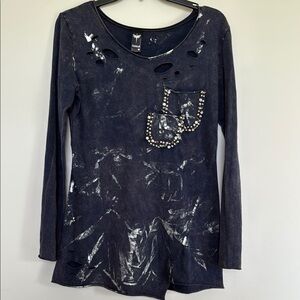 Zarga Distressed Black Long Sleeve Top with Rhinestone Pocket